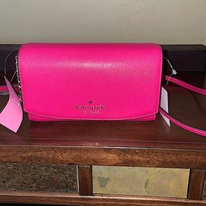 Kate Spade New York Small Flap Crossbody Bag. Saffiano Leather, Pink Ruby.